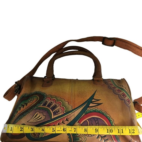 Anuschka NEVER USED Handpaint Leather Cross Body Saddle Brown Paisley - Picture 5 of 12